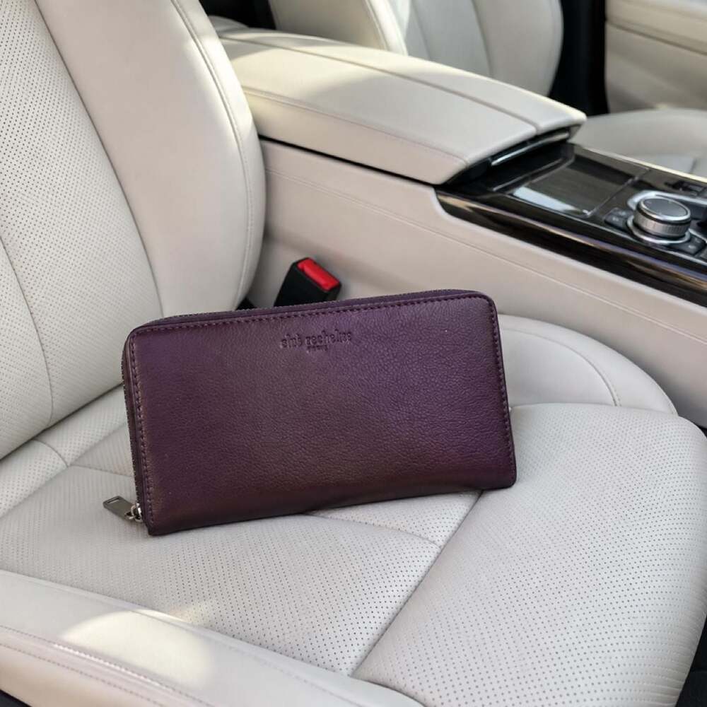 Club Rochelier Dark Purple Pebbled Leather Zip-Around Clutch Wallet